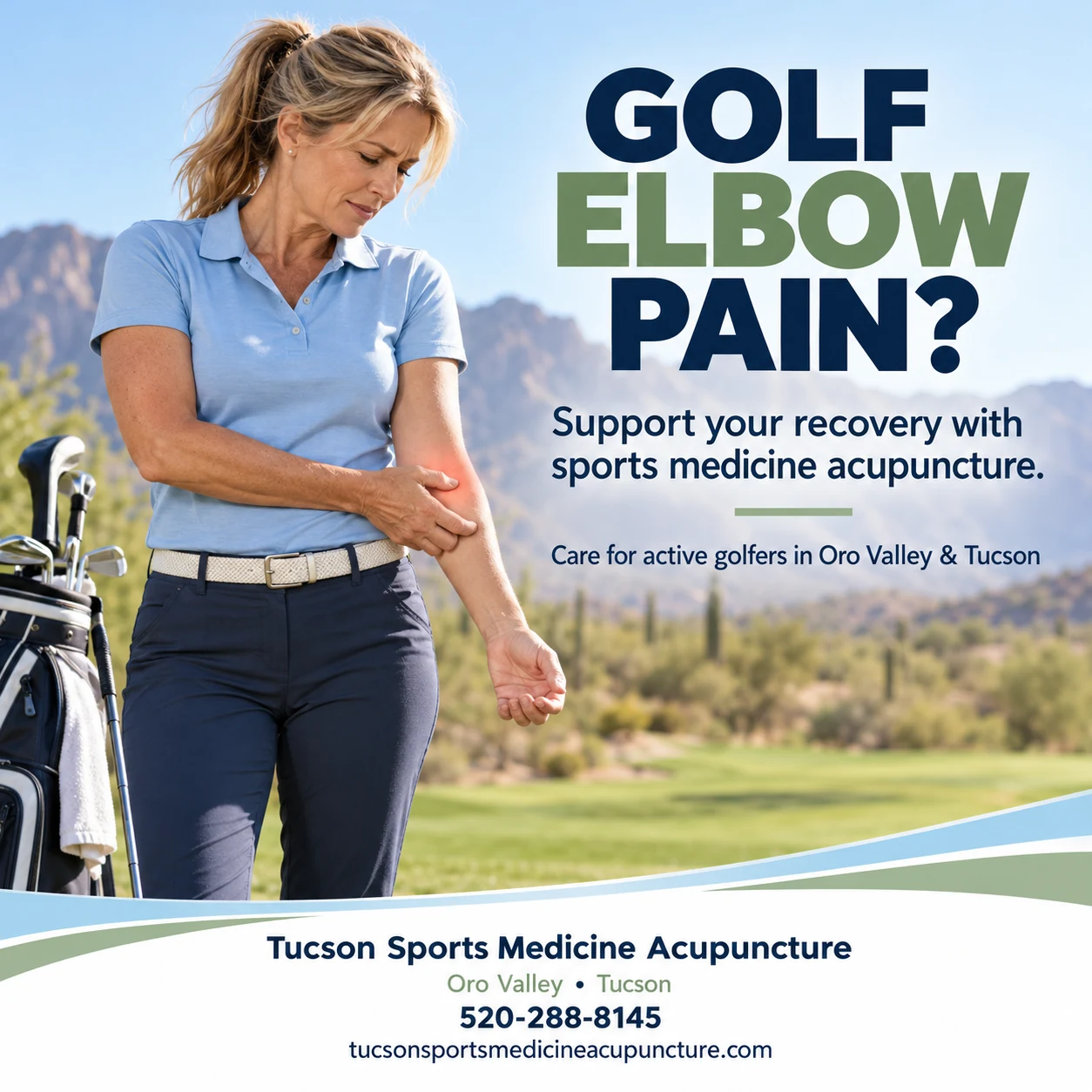 Golfer holding her sore inner elbow on an Arizona golf course