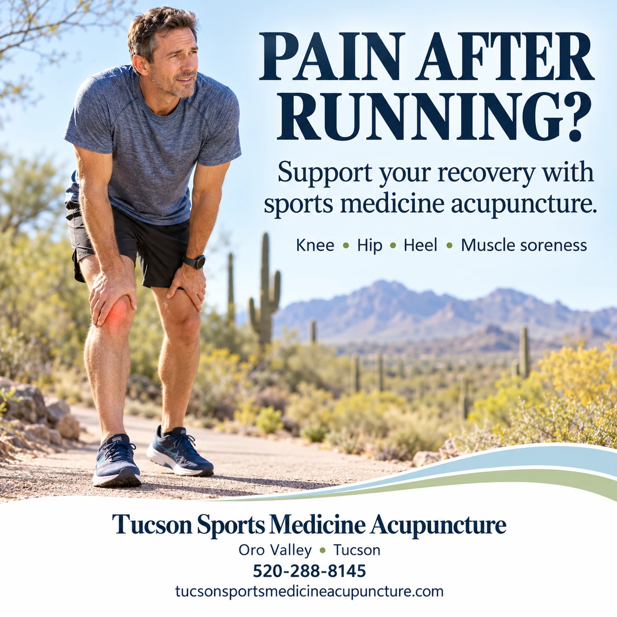 Runner holding a sore knee on an Oro Valley desert trail