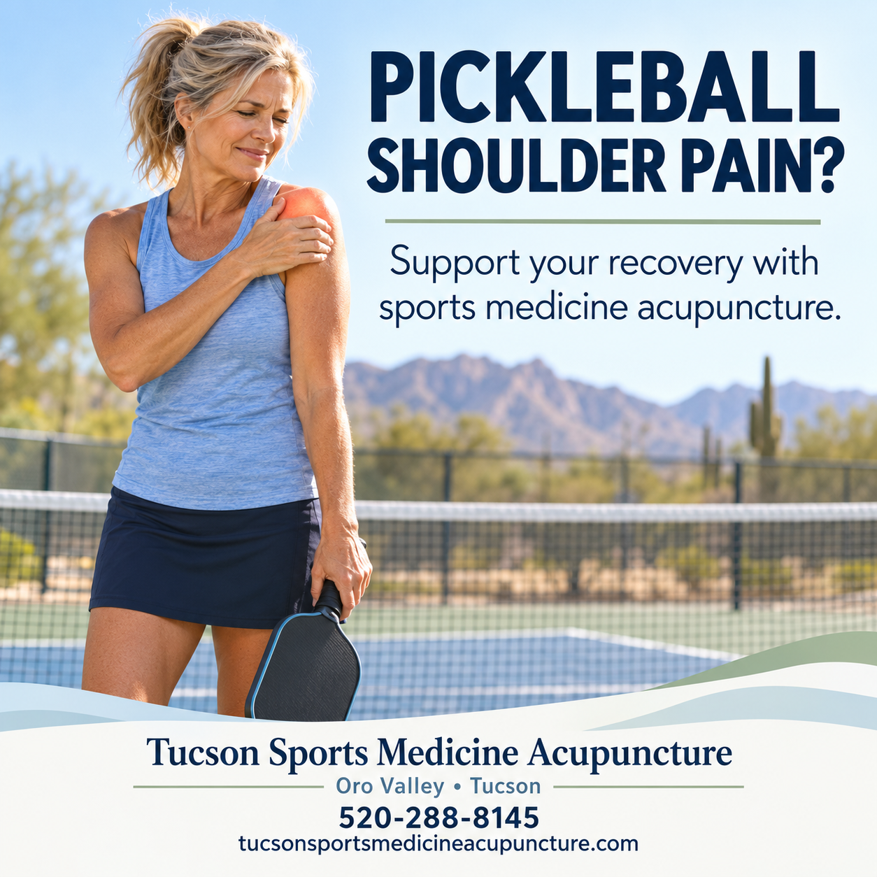 Pickleball player holding a sore shoulder on an Arizona court